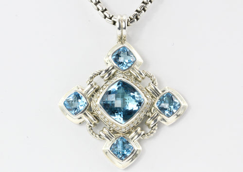 David Yurman Sterling Silver Blue Topaz Diamond Renaissance Pendant Necklace - Queen May