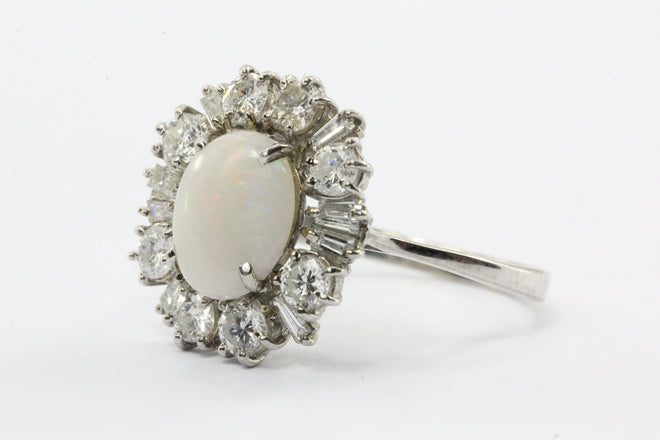 Vintage Art Deco 18K White Gold Opal & Diamond Ring - Queen May