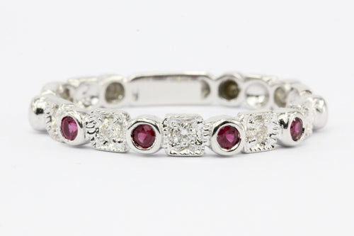 14K White Gold Diamond & Ruby Half Eternity Band Ring - Queen May