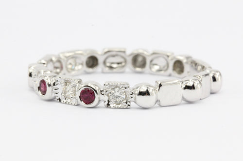 14K White Gold Diamond & Ruby Half Eternity Band Ring - Queen May