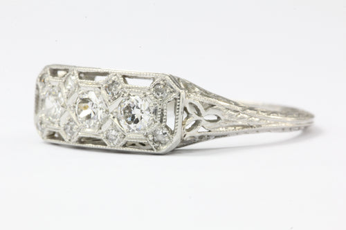 Art Deco Platinum Old European Diamond Three Stone Engagement Ring - Queen May