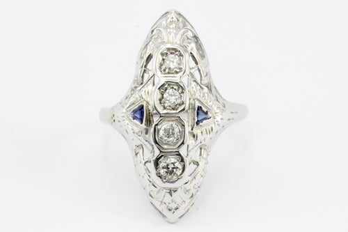 Art Deco 14K White Gold 4 Stone Diamond & Sapphire Shield Ring c.1930's - Queen May