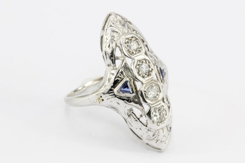 Art Deco 14K White Gold 4 Stone Diamond & Sapphire Shield Ring c.1930's - Queen May