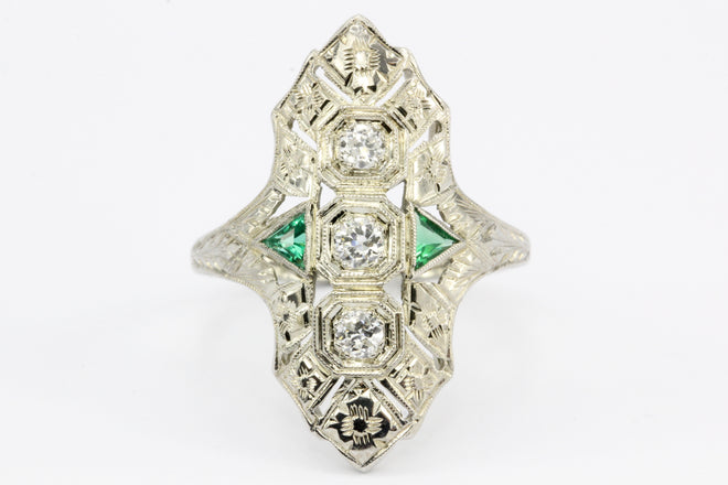 Art Deco 18K White Gold Diamond & Emerald 3 Stone Ring c.1930's - Queen May