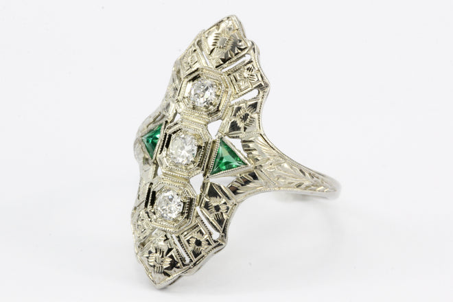 Art Deco 18K White Gold Diamond & Emerald 3 Stone Ring c.1930's - Queen May