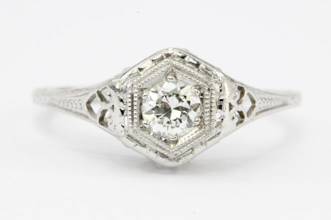 Art Deco 18K White Gold Belais Old European Cut Diamond Engagement Ring 1920's - Queen May