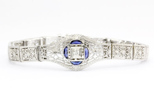 Art Deco 14K White Gold & Platinum Diamond Sapphire Bracelet c.1930's - Queen May