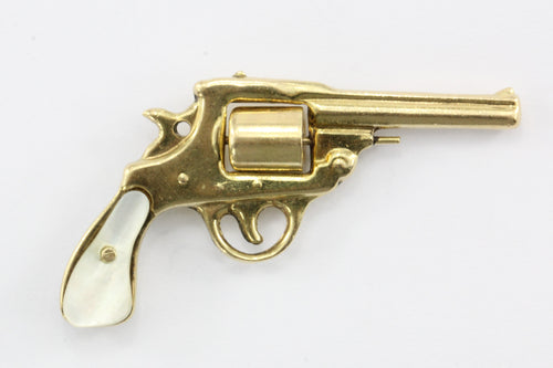 Vintage 14K Gold & Mother of Pearl Colt Revolver Gun Charm Pendant - Queen May