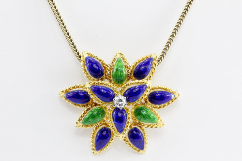 Retro 18K Gold Enamel & Diamond Pendant / Brooch Necklace c.1960's - Queen May