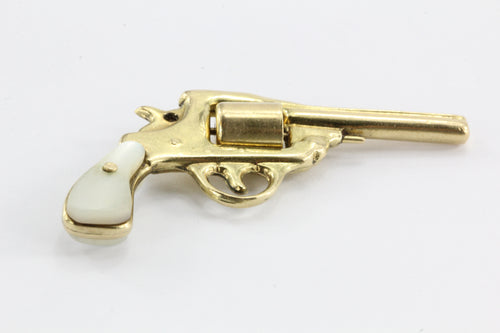 Vintage 14K Gold & Mother of Pearl Colt Revolver Gun Charm Pendant - Queen May