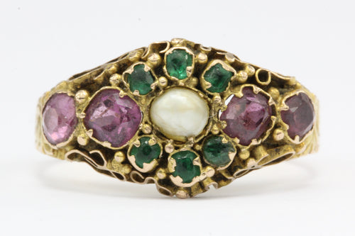 Victorian 1876 15K Gold Ruby & Natural Pearl Ring from Birmingham England - Queen May