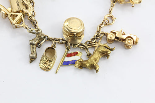 Antique 1940's 14k Gold Loaded 26 Charm Bracelet w Cartier & Tiffany Co Charm - Queen May