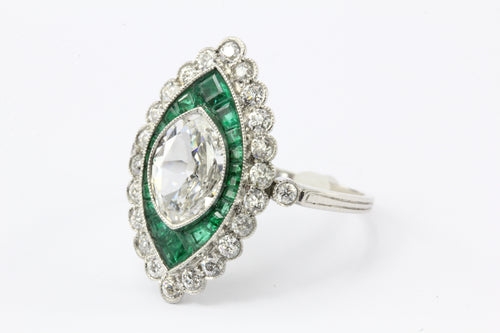 Edwardian Platinum 1.05 Carat Moval Diamond & Emerald Halo Engagement Ring - Queen May