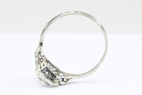 Art Deco Platinum Old Mine Diamond and Sapphire Filigree Ring c.1920 - Queen May