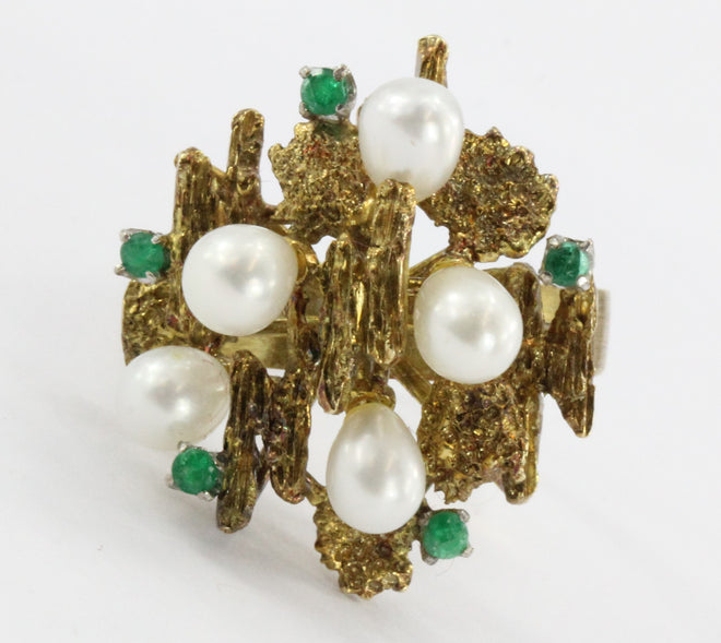 Vintage 18K Gold Chunky Emerald & Pearl Modernist Cocktail Ring - Queen May