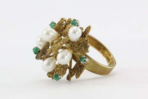 Vintage 18K Gold Chunky Emerald & Pearl Modernist Cocktail Ring - Queen May