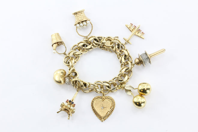 Wonderful 1940's 8 Charms Eiffel Tower Champagne Bucket Gold Charm Bracelet - Queen May