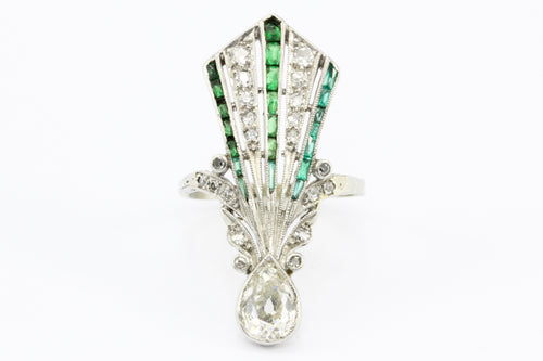 Art Deco 14K White Gold Diamond & Emerald Fan Ring c.1920's - Queen May