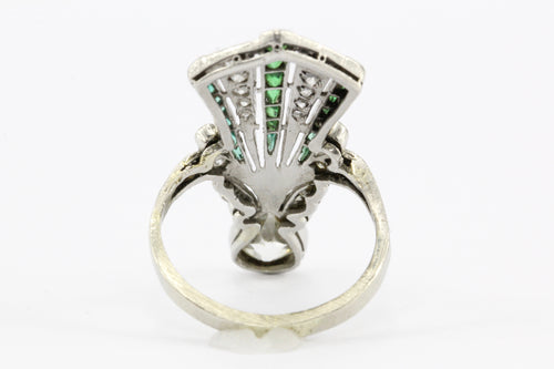 Art Deco 14K White Gold Diamond & Emerald Fan Ring c.1920's - Queen May