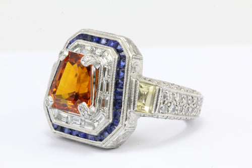 GIA Cert 18K White Gold Orang, Blue, Yellow Sapphire and Diamond Statement Ring - Queen May