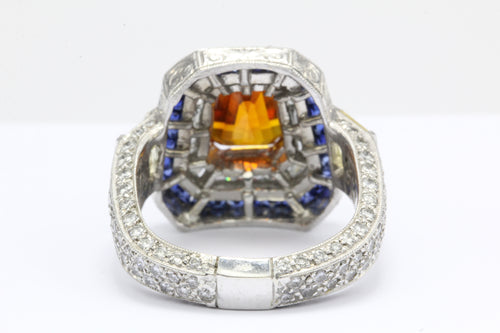 GIA Cert 18K White Gold Orang, Blue, Yellow Sapphire and Diamond Statement Ring - Queen May