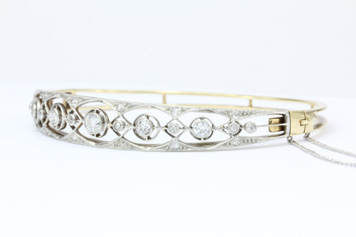 Art Nouveau 14K Yellow Gold Old European Cut Diamond Bangle Bracelet c.1905 - Queen May