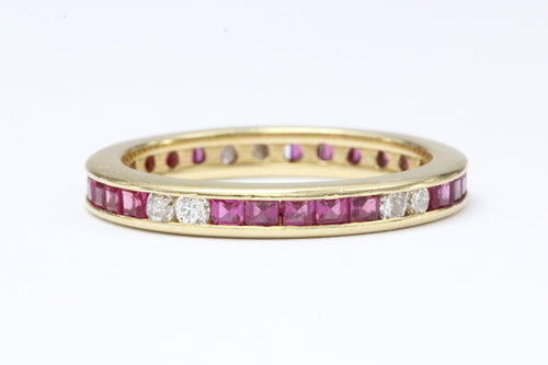 Retro 14k Yellow Gold 1 Carat Diamond and Ruby Eternity Band - Queen May