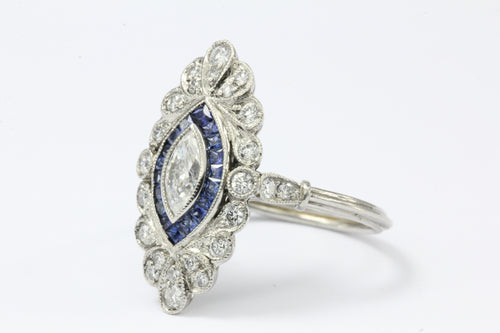 Edwardian Platinum Marquise Diamond Ring in a Sapphire Halo c.1910 - Queen May