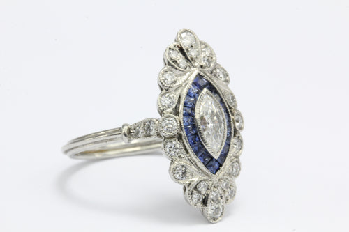 Edwardian Platinum Marquise Diamond Ring in a Sapphire Halo c.1910 - Queen May