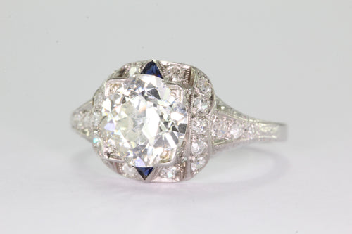 Antique Art Deco 3 Carat Total Weight Platinum Old European Diamond Sapphire Engagement Ring - Queen May