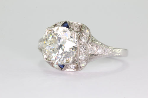 Antique Art Deco 3 Carat Total Weight Platinum Old European Diamond Sapphire Engagement Ring - Queen May