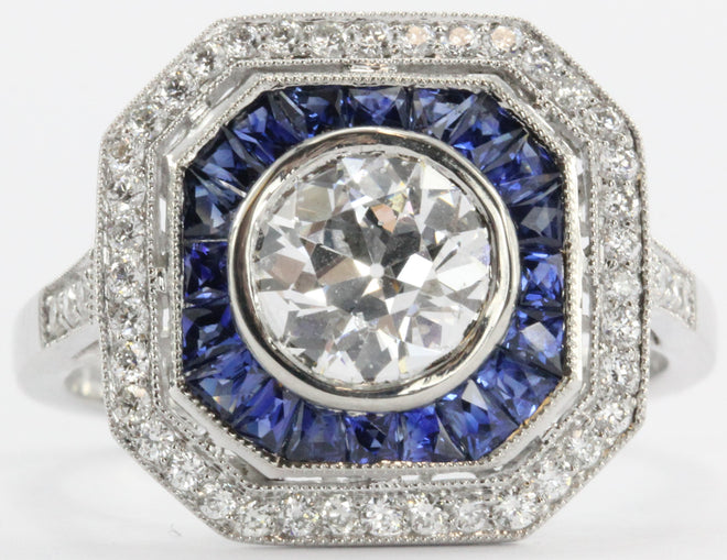 Art Deco Style Platinum Old European Diamond & Sapphire Ring - Queen May