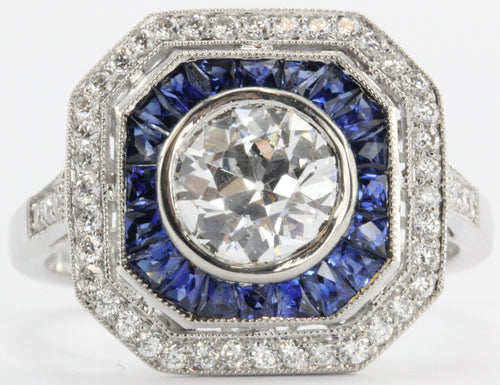 Art Deco Style Platinum Old European Diamond & Sapphire Ring - Queen May