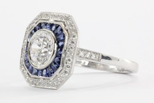 Art Deco Style Platinum Old European Diamond & Sapphire Ring - Queen May