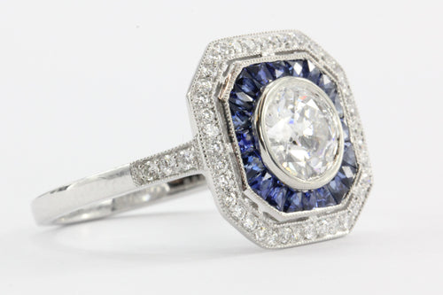 Art Deco Style Platinum Old European Diamond & Sapphire Ring - Queen May