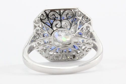 Art Deco Style Platinum Old European Diamond & Sapphire Ring - Queen May