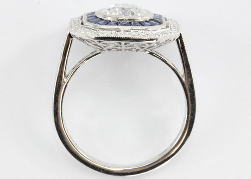 Art Deco Style Platinum Old European Diamond & Sapphire Ring - Queen May