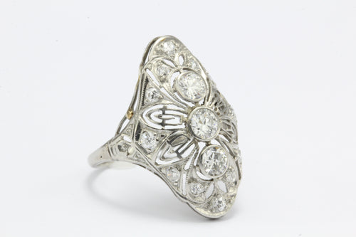 Art Deco Platinum Filigree Old European Diamond Shield Ring - Queen May
