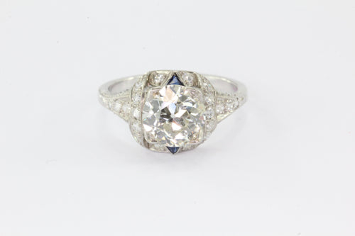 Antique Art Deco 3 Carat Total Weight Platinum Old European Diamond Sapphire Engagement Ring - Queen May