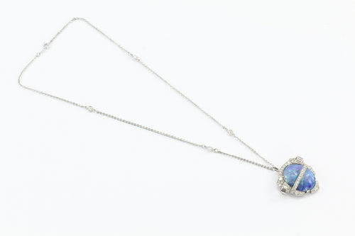 Art Deco Australian Black Opal Platinum & Diamond Pendant w/ 14K White Gold Chain - Queen May