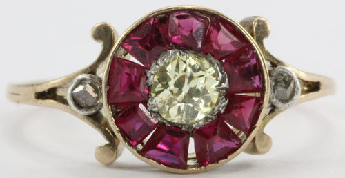 Victorian Fancy Yellow Old Mine / Rose Cut Diamond Ruby 18K Gold Silver Ring - Queen May