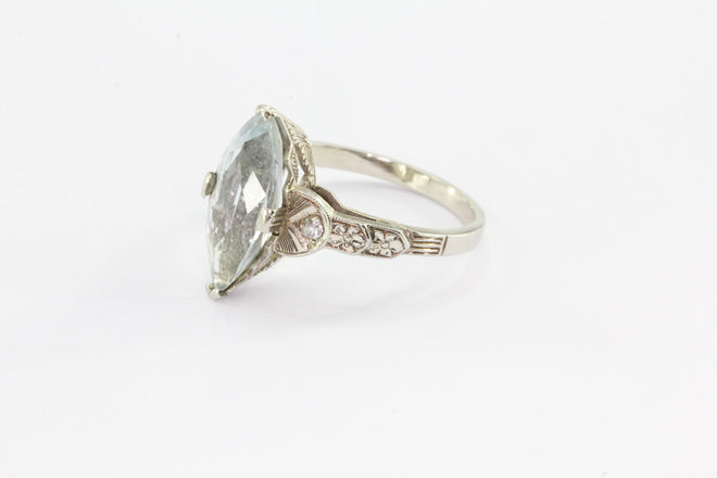 Antique Art Deco 14K White Gold Aquamarine & Diamond Ring by Bishop & Bishop - Queen May