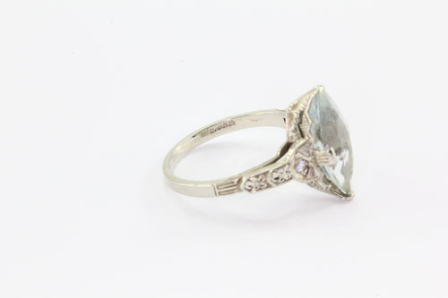 Antique Art Deco 14K White Gold Aquamarine & Diamond Ring by Bishop & Bishop - Queen May