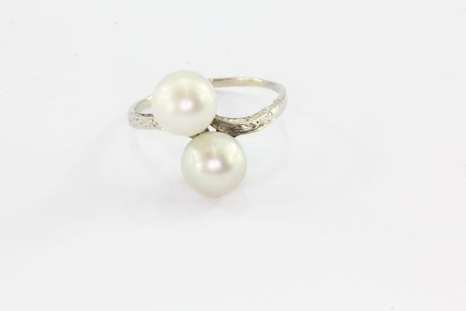 Antique Art Deco 14K White Gold Double Pearl Engagement Ring Size 7.25 - Queen May