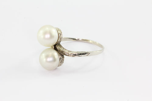Antique Art Deco 14K White Gold Double Pearl Engagement Ring Size 7.25 - Queen May