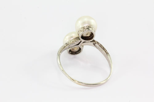 Antique Art Deco 14K White Gold Double Pearl Engagement Ring Size 7.25 - Queen May