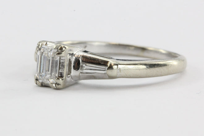 Antique Art Deco 14K White Gold Emerald Cut Diamond Engagement Ring - Queen May