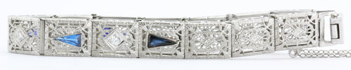 Antique Art Deco 14K White Gold Diamond & Sapphire Pierced Bracelet - Queen May