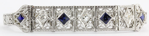 Antique Art Deco 14k White Gold Old Mine Diamond & Sapphire Bracelet - Queen May