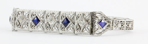 Antique Art Deco 14k White Gold Old Mine Diamond & Sapphire Bracelet - Queen May
